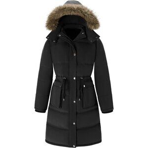 Women's Long Puffer Hood Jacket Coat Black Winter Warm Detachable Fur Trim